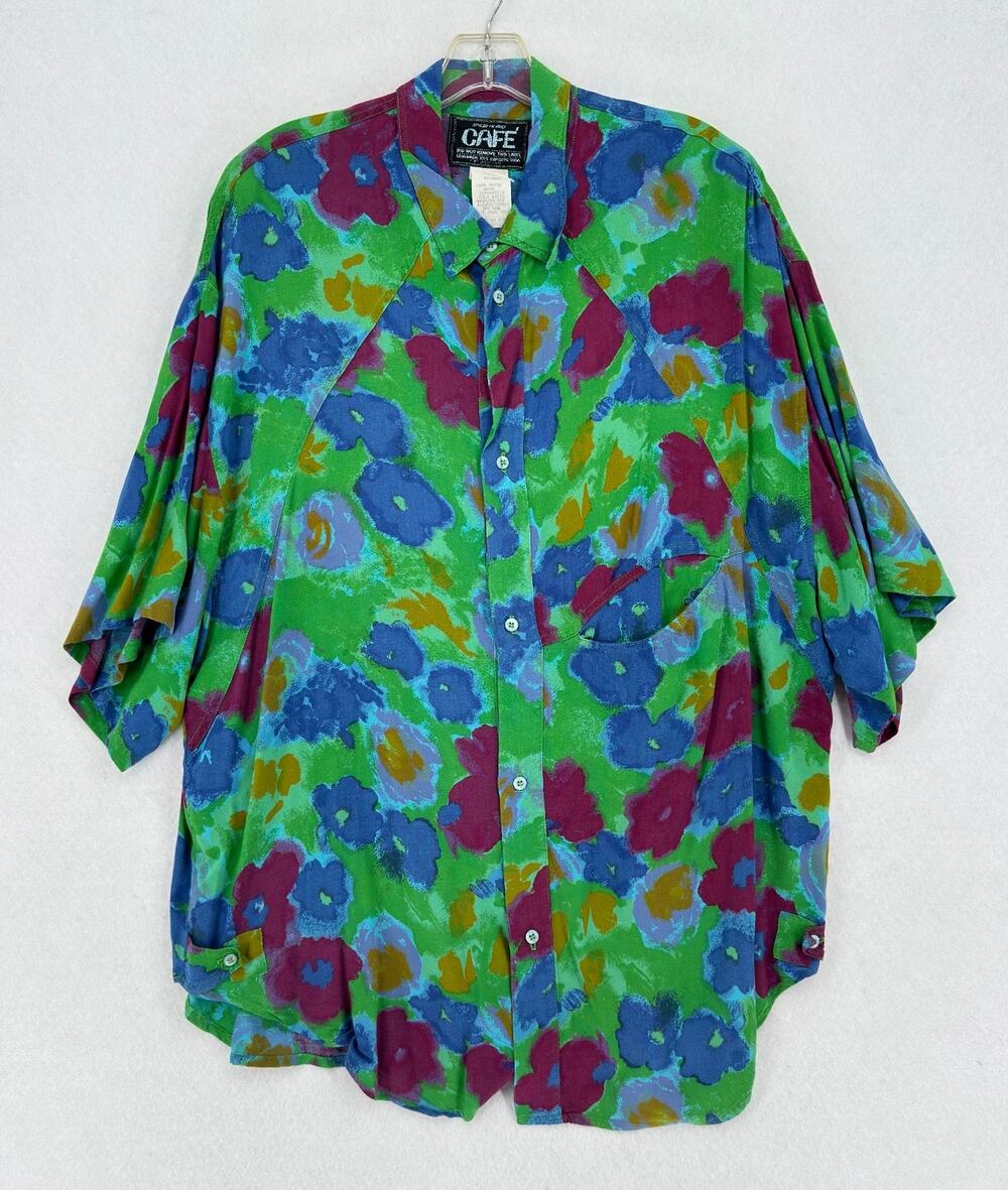 Vintage CAFE Mens Vibrant Multicolor Abstract Short Sleeve Camp Shirt Sz S